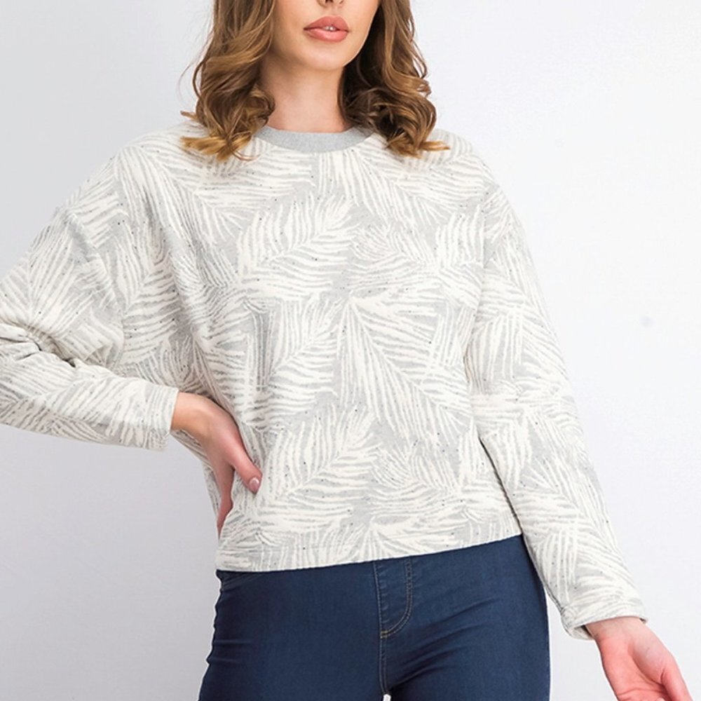 FRENCH CONNECT. nwt Sekia Jersey Sweatshirt Cropped Leaf Print L Gray White